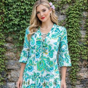LOFT Green, White, Blue Botanical Print and Paisley Resort Drop Waist Dress, XS